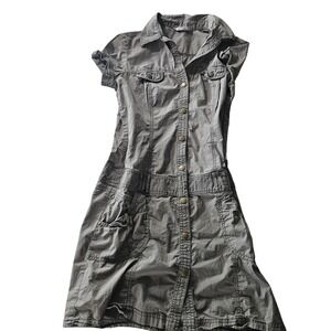 Promod Shirt Dress Womens EU 36 Gray Button Front Short Sleeve Pockets Collared